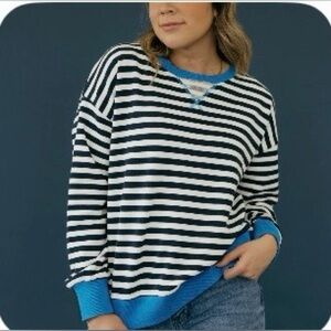 Hale Top -Striped Navy Blue & White Pullover with Blue Trim
